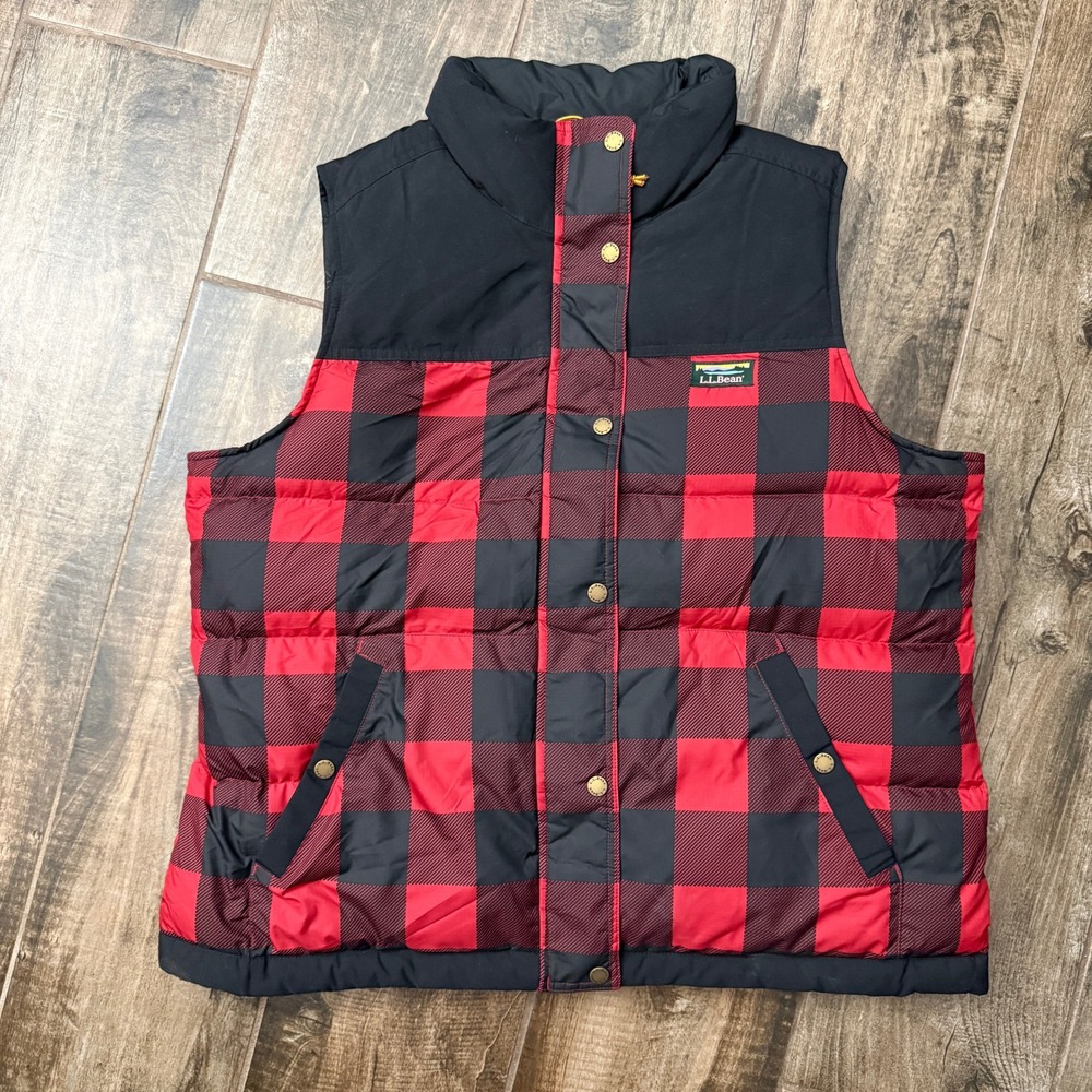 L.L.Bean Women's Mountain Classic Check Print Down Vest, Red Black,XL